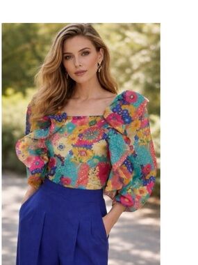 1980s Paris Haute Couture Blouse Colourful Silk Ruffled by Charles Jourdan